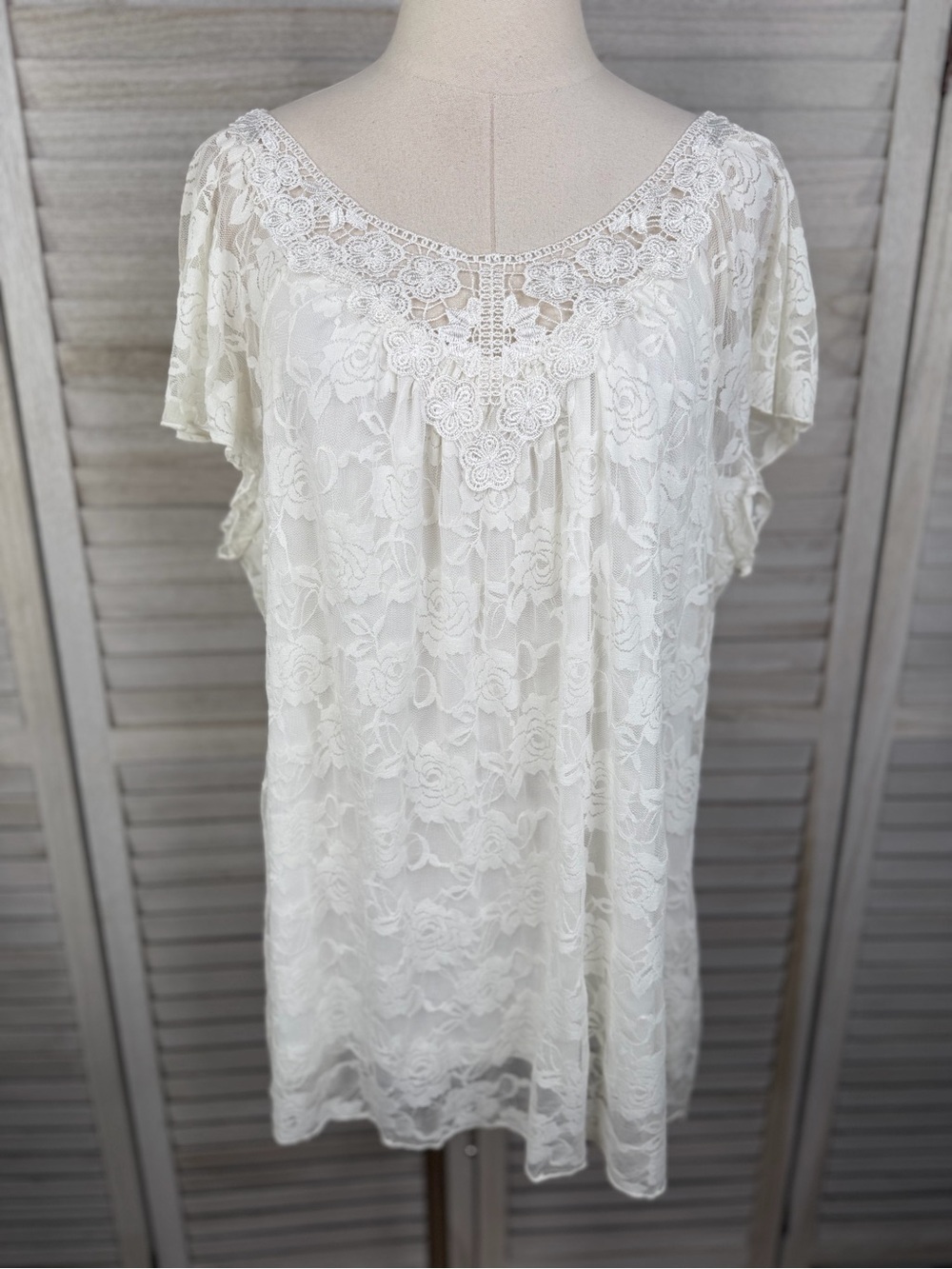 NUE OPTIONS (Plus) White Lace Cap Sleeve Blouse-1X